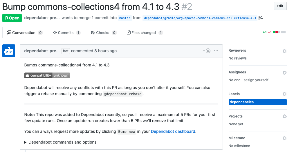 A pull request for an outdated dependency created by the GitHub app Dependabot.