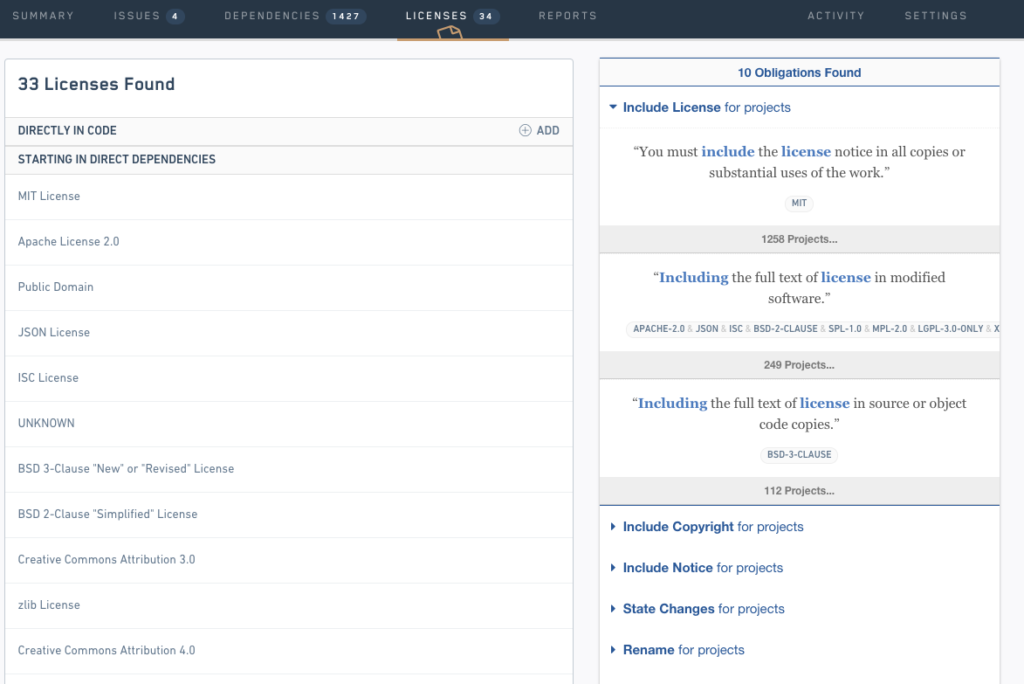 Report created by FOSSA giving an overview about all licenses found in the dependency tree.