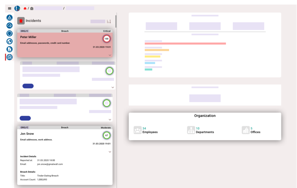 A drawing of our Data Leakage Detection dashboard showing sample data. It shows both leaked documents and leaked credentials in one UI.