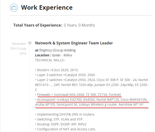 Online resumes can reveal a great number of sensitive details about target security solutions and IT systems.