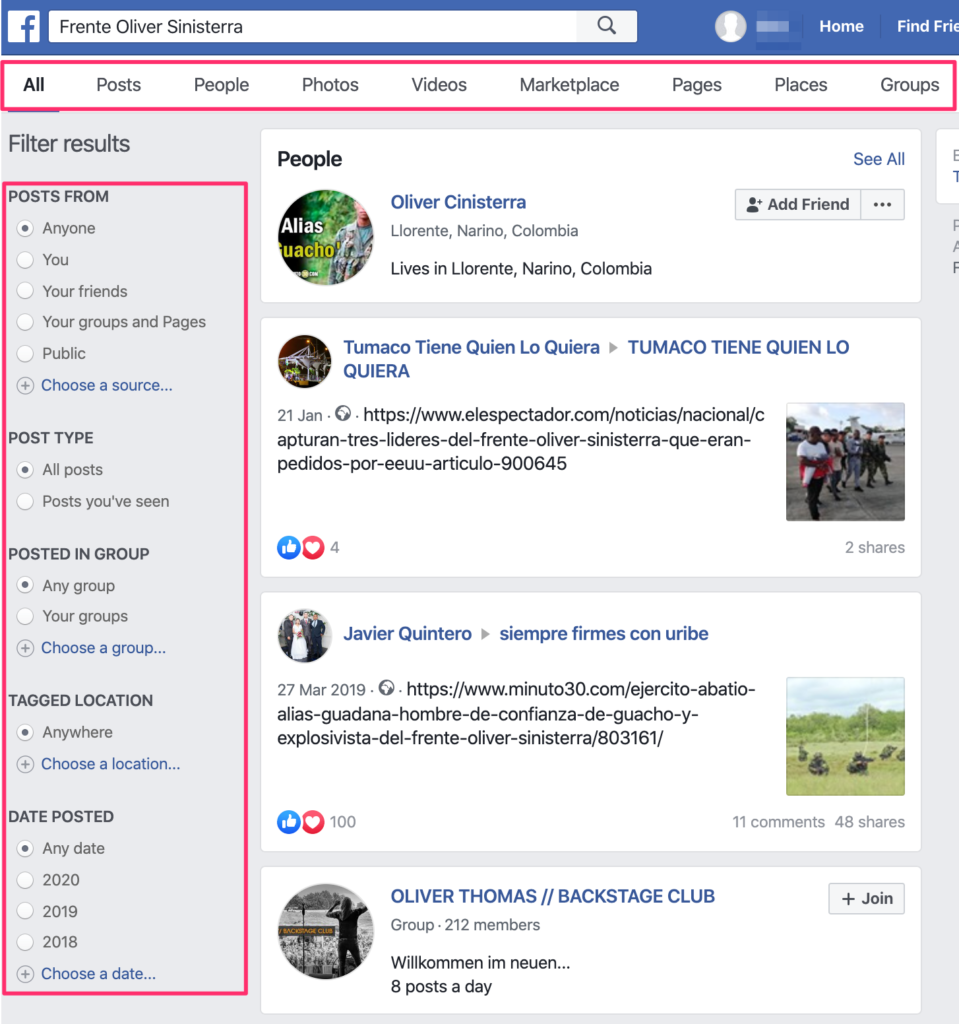 We used the Facebook keyword search to get more information on Frente Oliver Sinisterra being a FARC dissident group in Colombia. You can use the additional filters to refine your returned results.