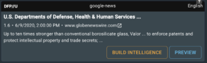 The figure shows an interesting snippet for “patents Borosilicate glass”. The sorting mechanism of the Intelligence Platform ranked it to place 1 of the search results.