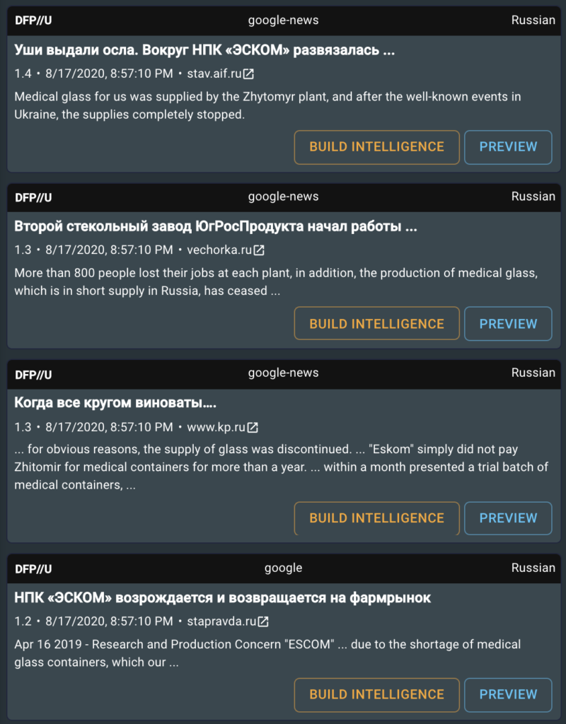 The figure shows the most relevant search results for “ЭСКОМ medical glass” in the Russian language. The results were translated and ranked and sorted according to their relevance.