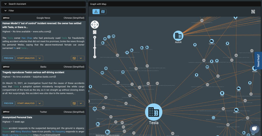 The platform displays the knowledge graph on the right-hand side and the results on the left-hand side of the display, translated from Mandarin and ordered by relevance. 