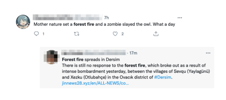 Tweets containing the keyword forest fire.